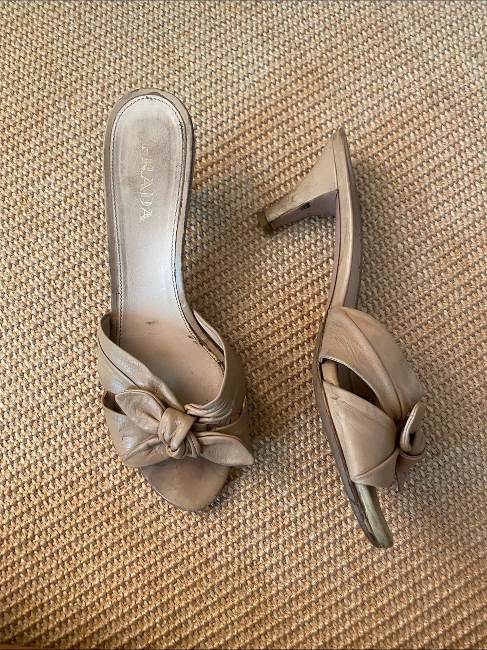 Prada Taupe Leather Knot Mules